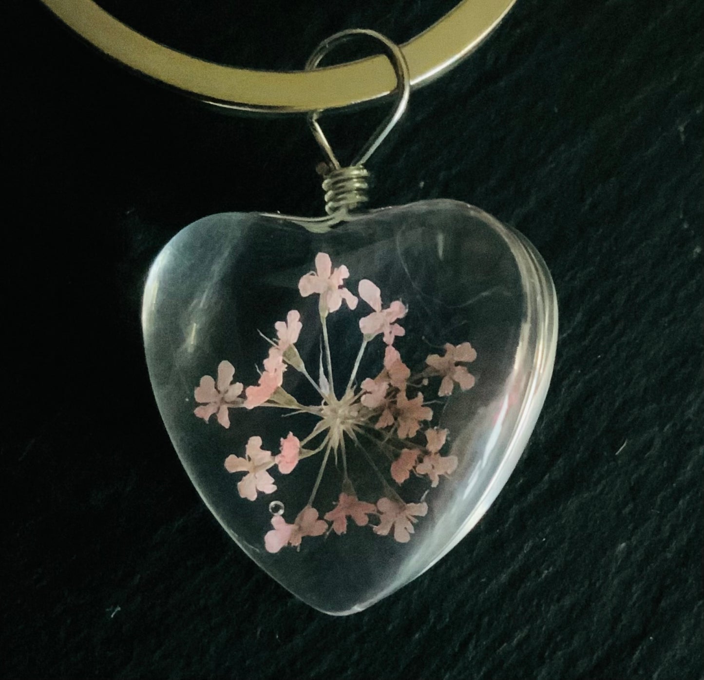 Glass Heart Dried Flower Pendant Keyring