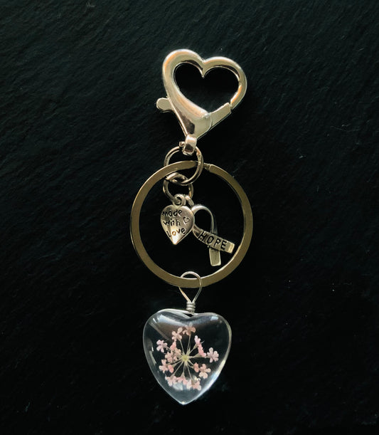 Glass Heart Dried Flower Pendant Keyring