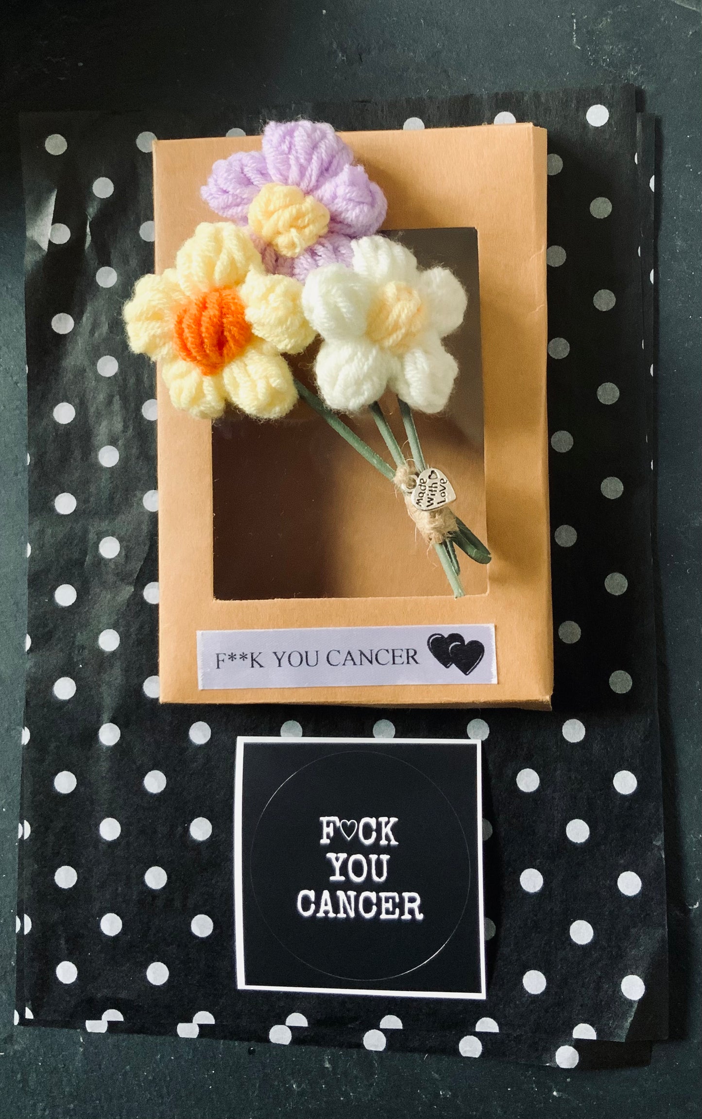 Handmade Bunch of Crochet Flowers with Silver Charm and Free Gift Wrapping🖤