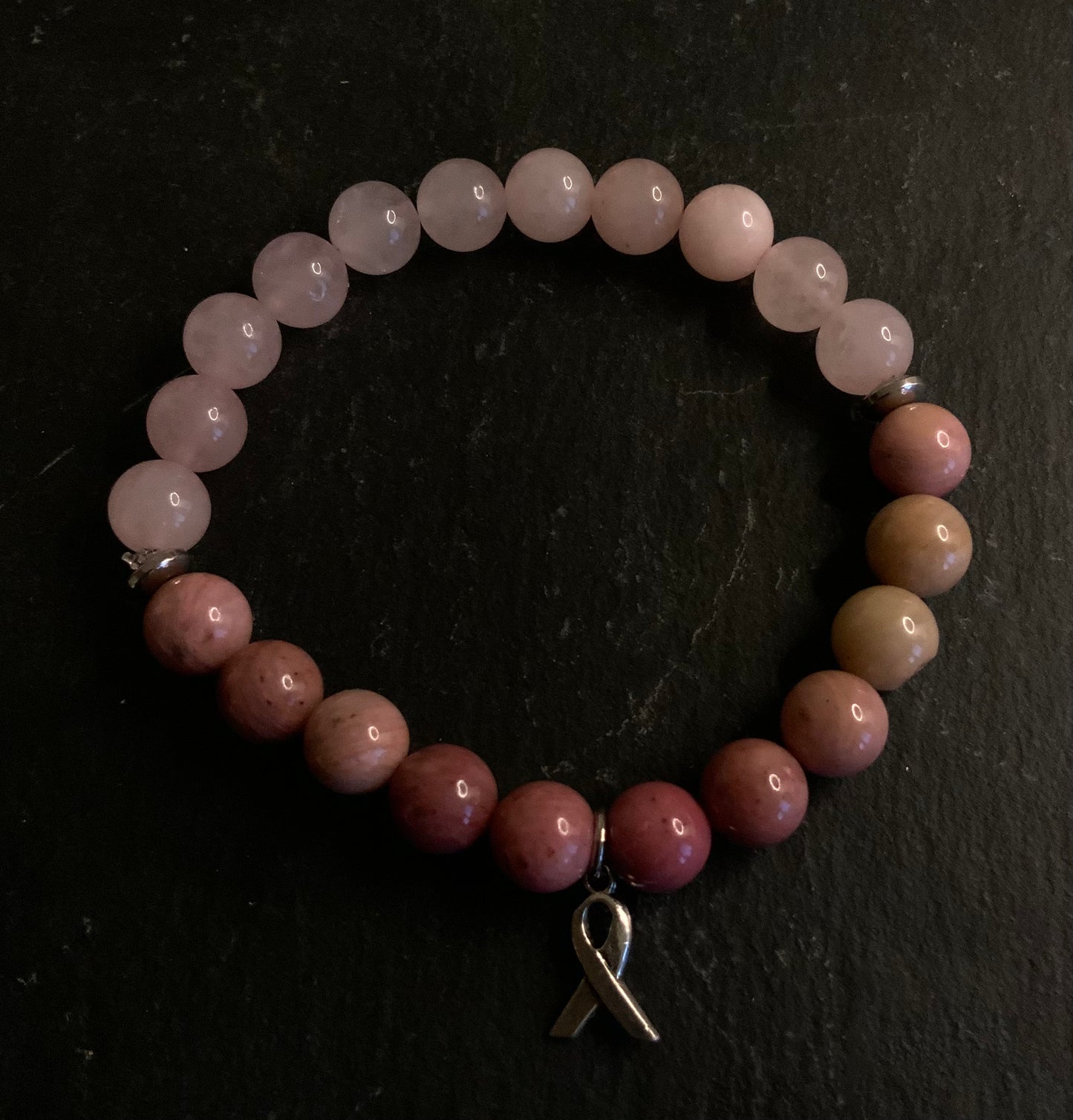 Rose Quartz Beaded Bracelet with Breast Cancer Awareness Ribbon of Hope Charm