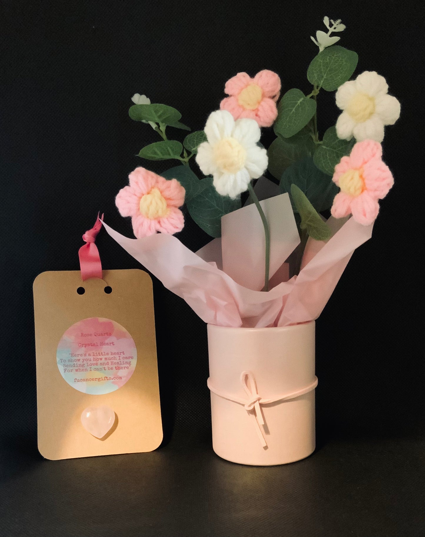 Handmade Crochet Flower Bouquet Flowers With Rose Quartz Crystal Heart And Poem.