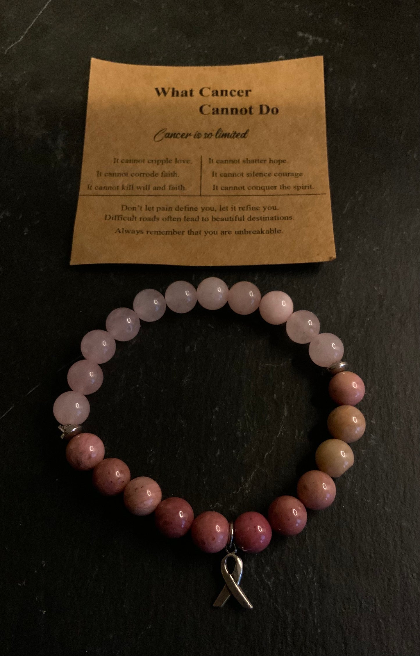 Rose Quartz Beaded Bracelet with Breast Cancer Awareness Ribbon of Hope Charm