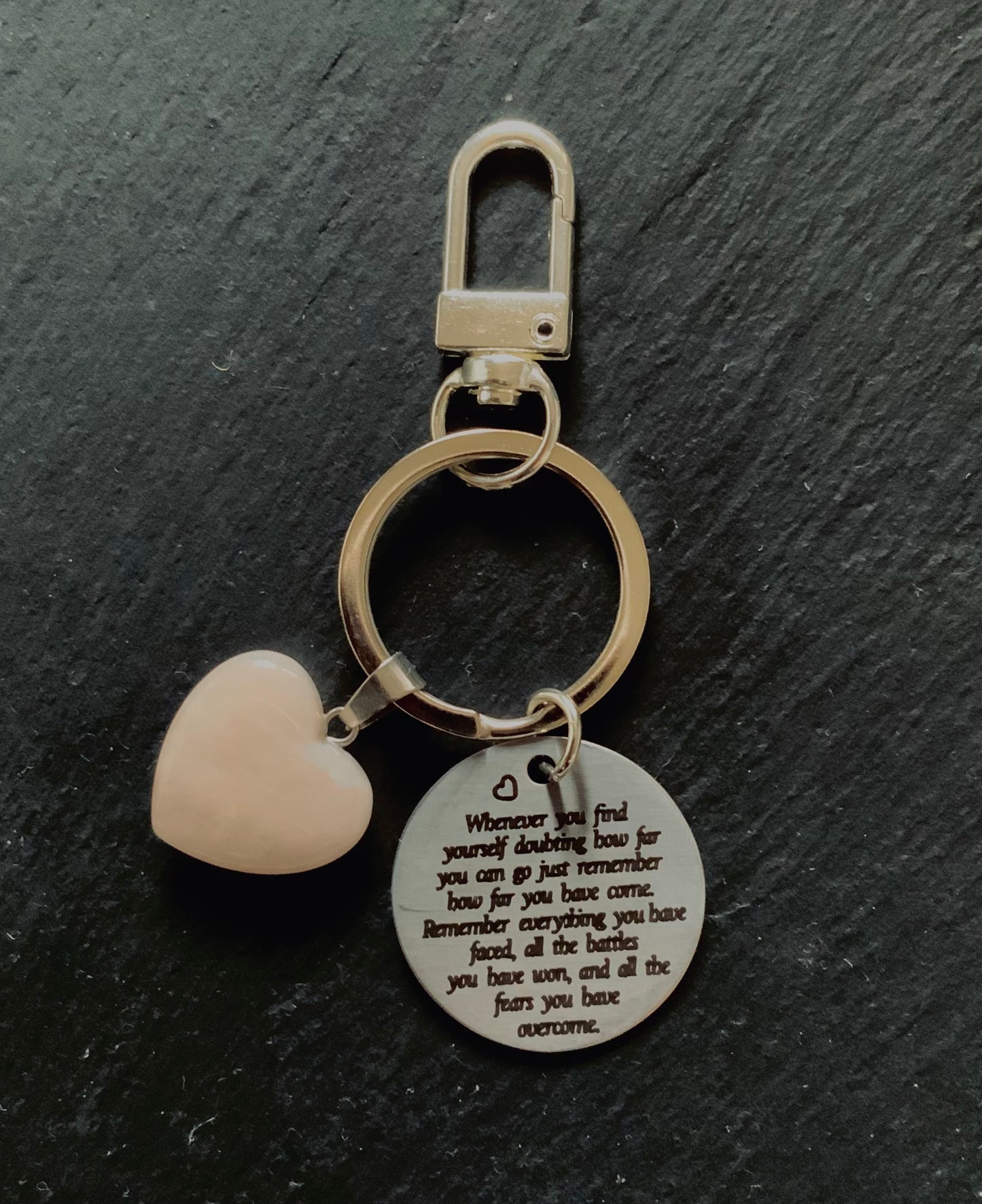 Handmade Rose Quartz Crystal Keyring with Inspirational Message Pendant