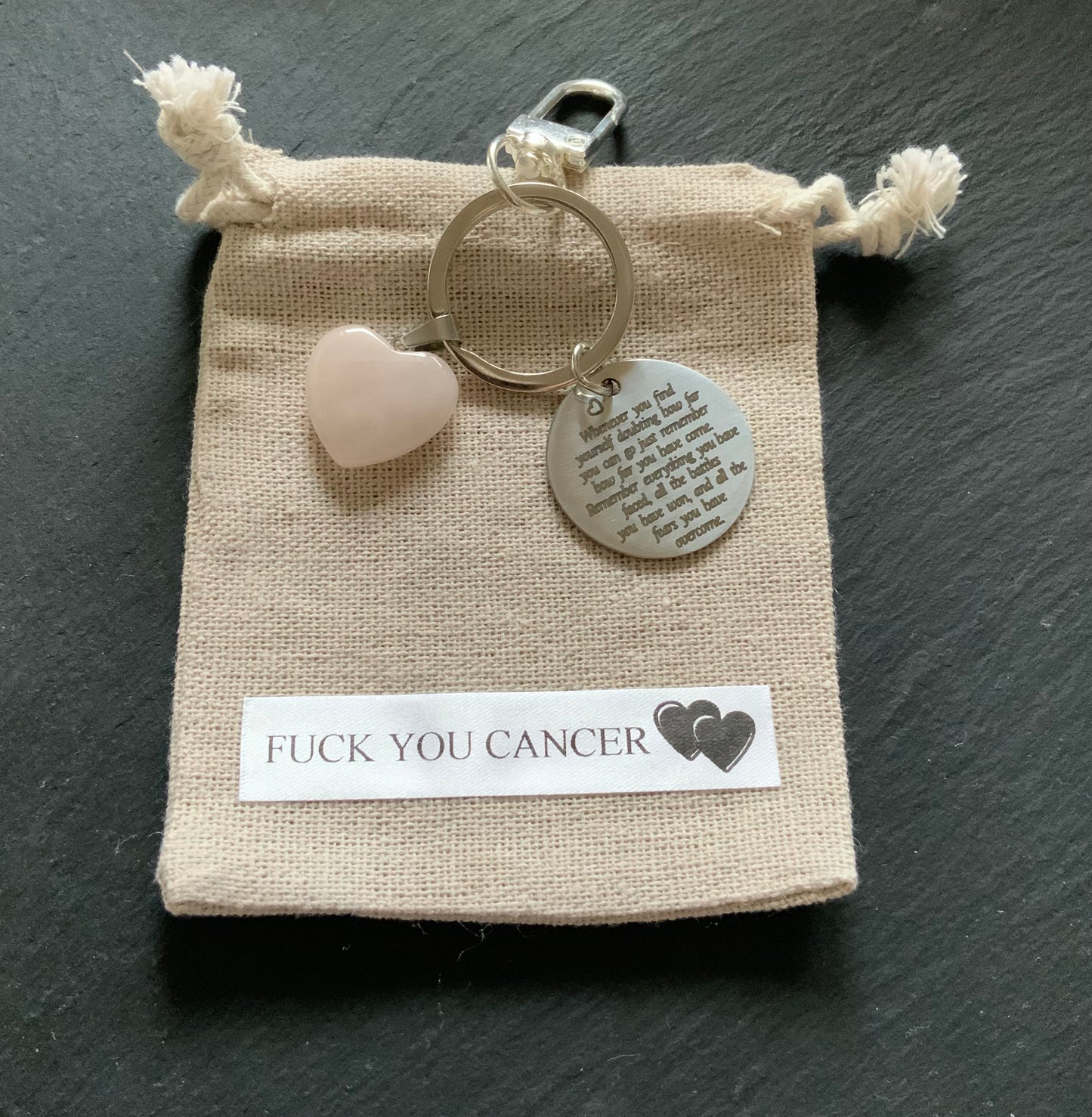 Handmade Rose Quartz Crystal Keyring with Inspirational Message Pendant