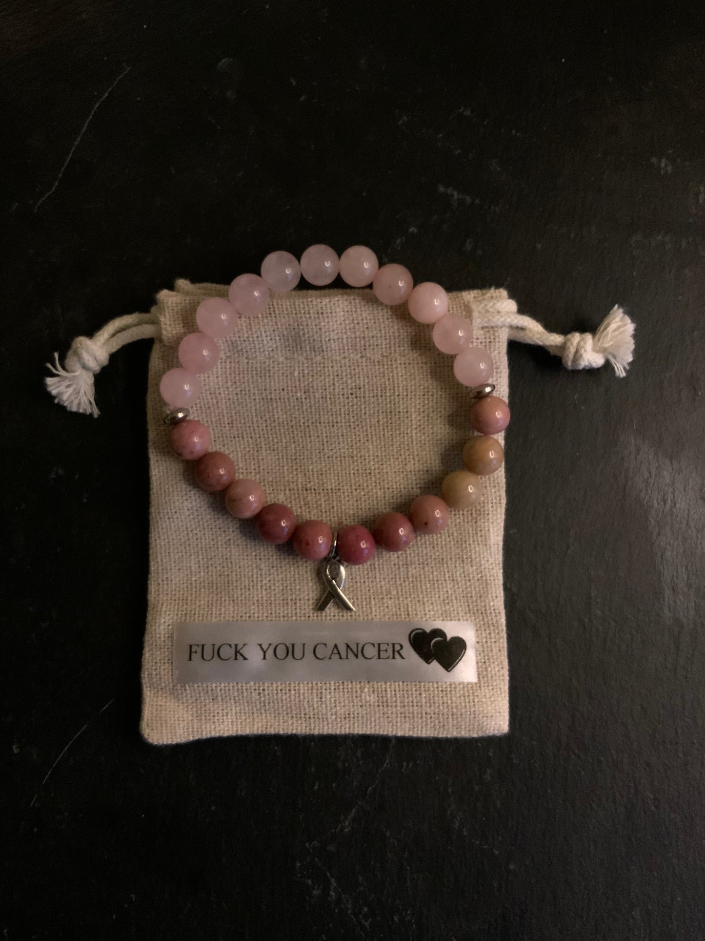 Rose Quartz Beaded Bracelet with Breast Cancer Awareness Ribbon of Hope Charm