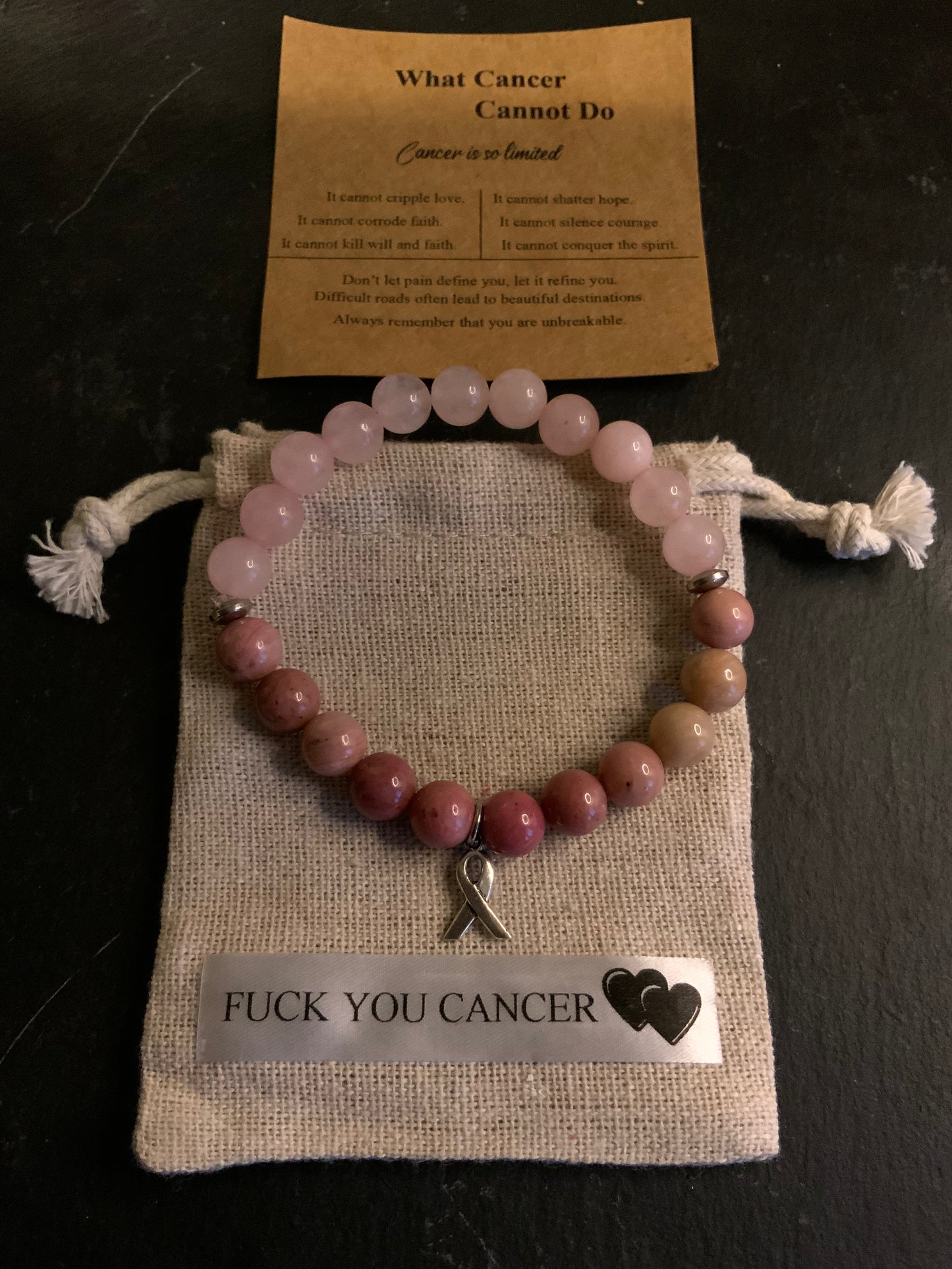 Rose Quartz Beaded Bracelet with Breast Cancer Awareness Ribbon of Hope Charm