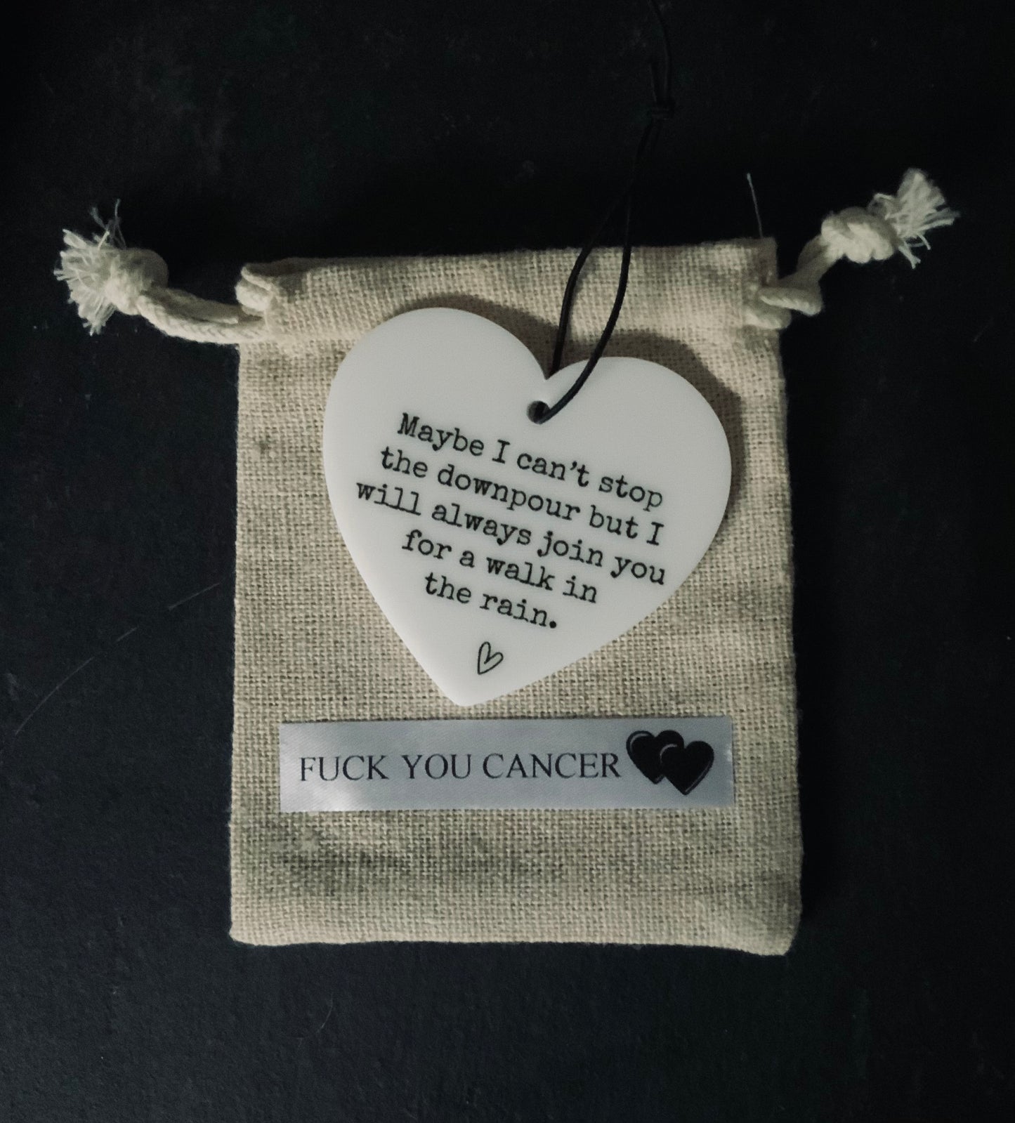 Motivational decorative hanging heart and charm with reusable linen bag