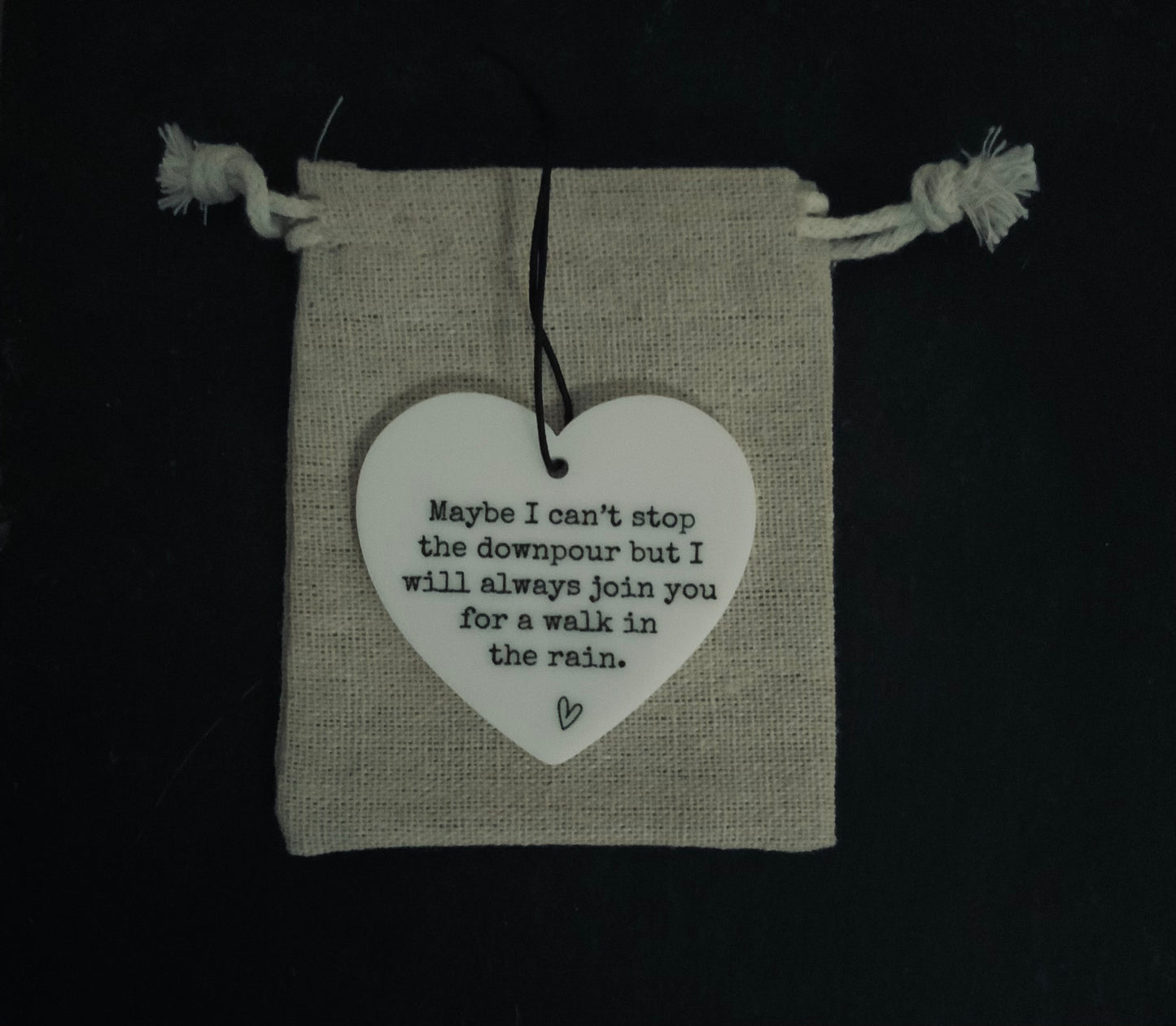 Motivational decorative hanging heart and charm with reusable linen bag